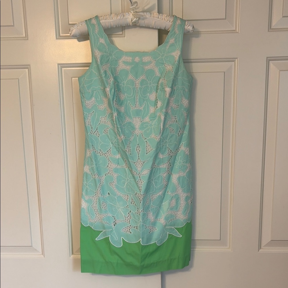Lilly Pulitzer Sleeveless Blue Lace Overlay Dress with Green Hem